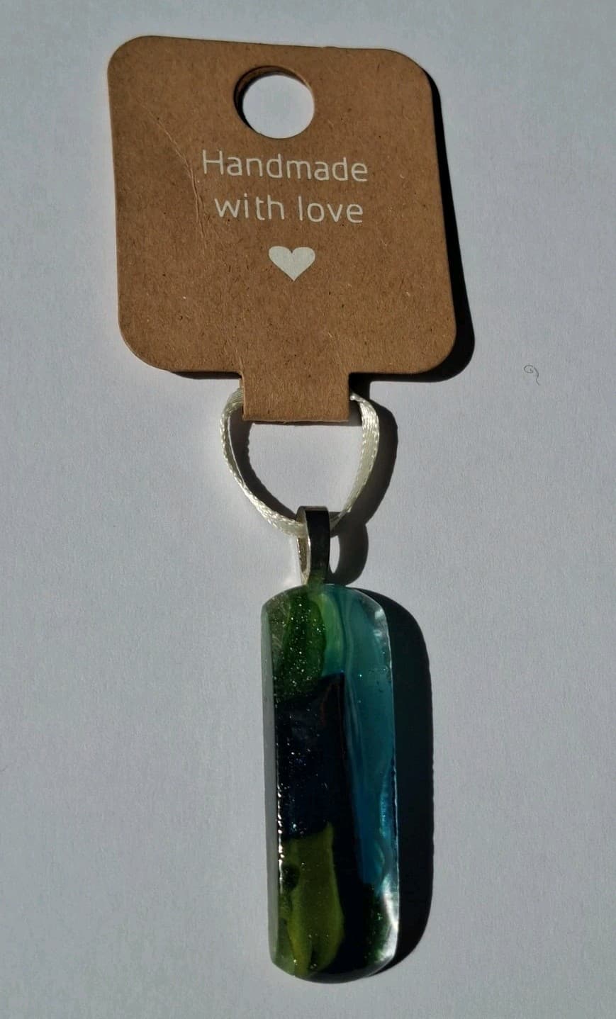 Blue Green Glass Pendant Rounded Rectangular Prism Handmade In Wales With Love